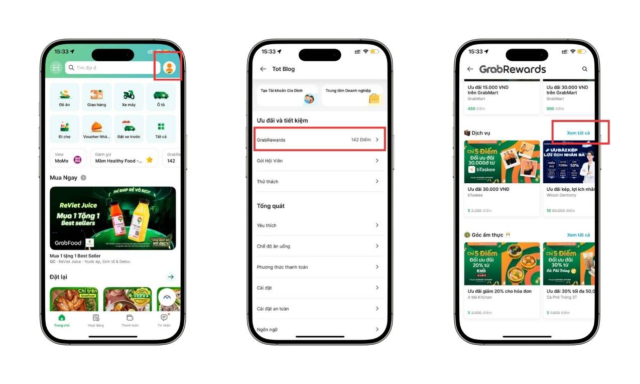Nhấn vào biểu tượng Avatar > GrabRewards > Dịch vụ