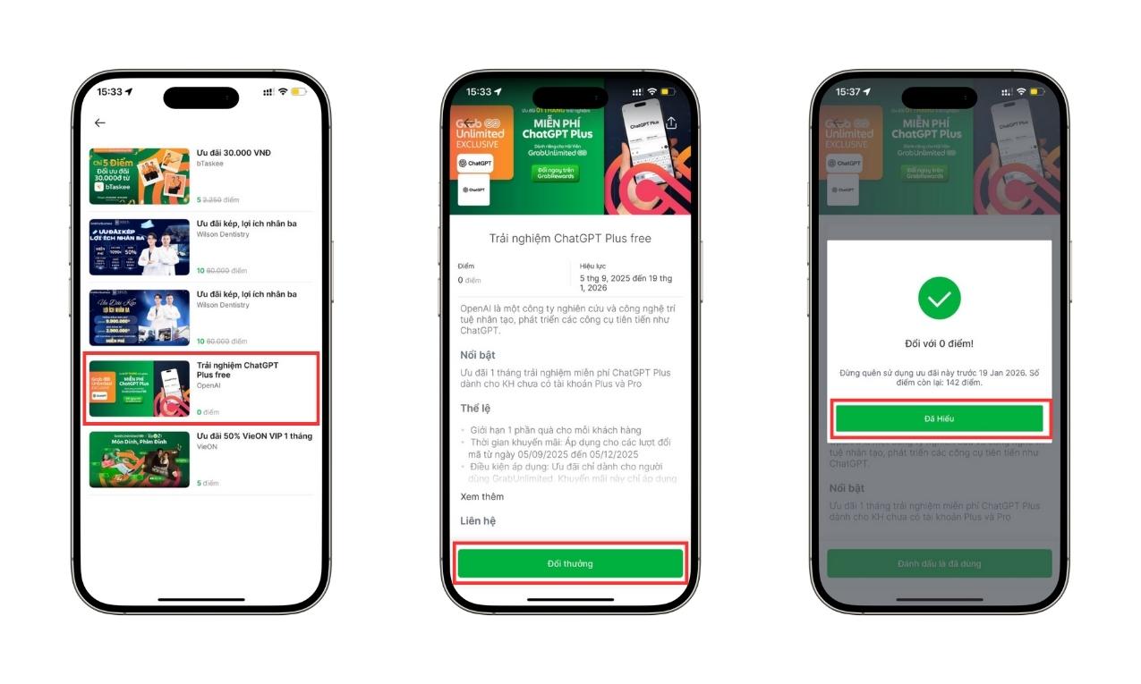 Nhấn chọn vào ưu đãi Trải nghiệm ChatGPT Plus Free > Đổi thưởng > Xác nhận >Sao chép mã ưu đãi